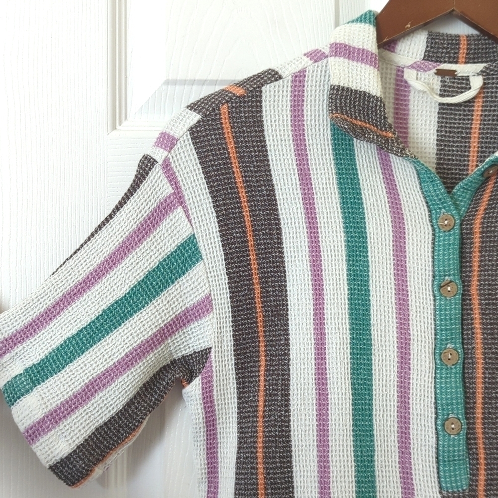 Free People Endless Summer Soleil Time Striped Waffle Knit Boxy Henley Polo XS - Picture 3 of 11